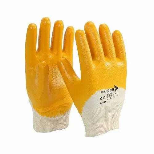 Mallcom Coated Gloves Mallcom 8 Inch Nitrile Dipped Gloves Yellow LPKY (Pack of 12 Pairs)