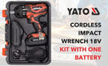 Yato Electric Impact Wrench Yato 0-2200 RPM Battery Operated Cordless Impact Wrench YT-82804